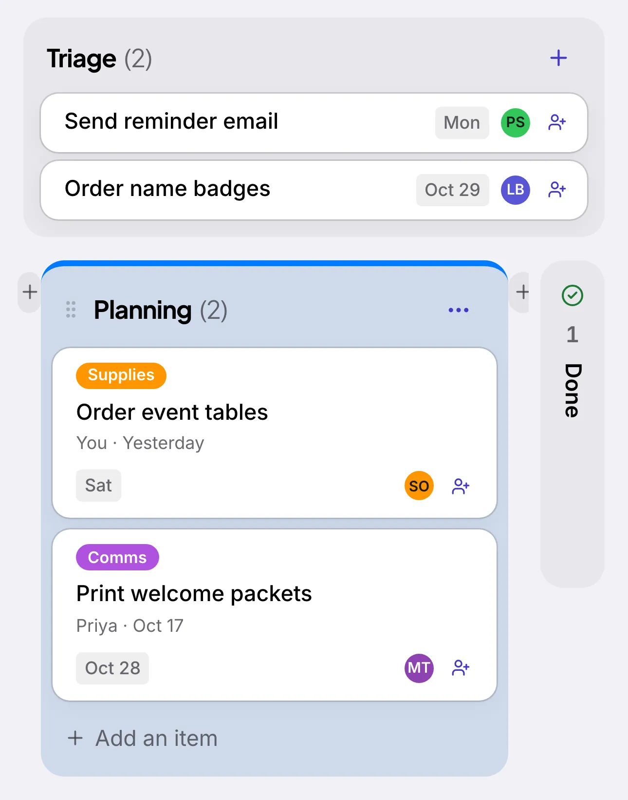 A Tallywo project board for a “Fall Open House”: a Triage row with “Send reminder email” and “Order name badges”, then Planning, In progress, and Ready columns with cards like “Order event tables”, “Confirm volunteers”, and “Book the venue walkthrough”, each with a label, a due date, and the person on it, and a Done column.