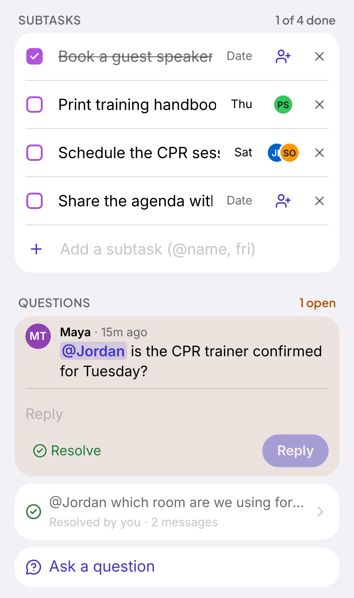 An open task in Tallywo on the web, “Plan counselor training week”: status In Progress, manager Jordan with Maya and Grace helping, its KRA and due date, a checklist of four subtasks with one done, and Maya's open question asking whether the CPR trainer is confirmed for Tuesday.