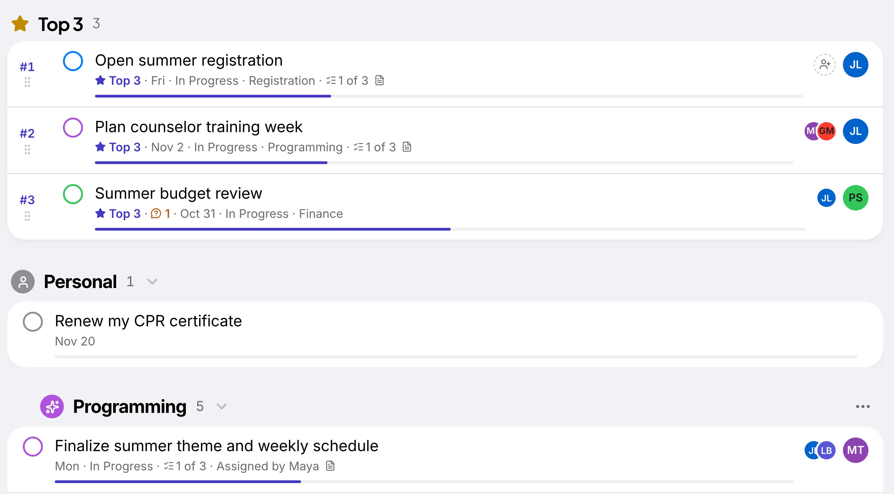 Tallywo's Top 3 list on the web: “Open summer registration” ranked first, “Plan counselor training week” second, and “Summer budget review” third.