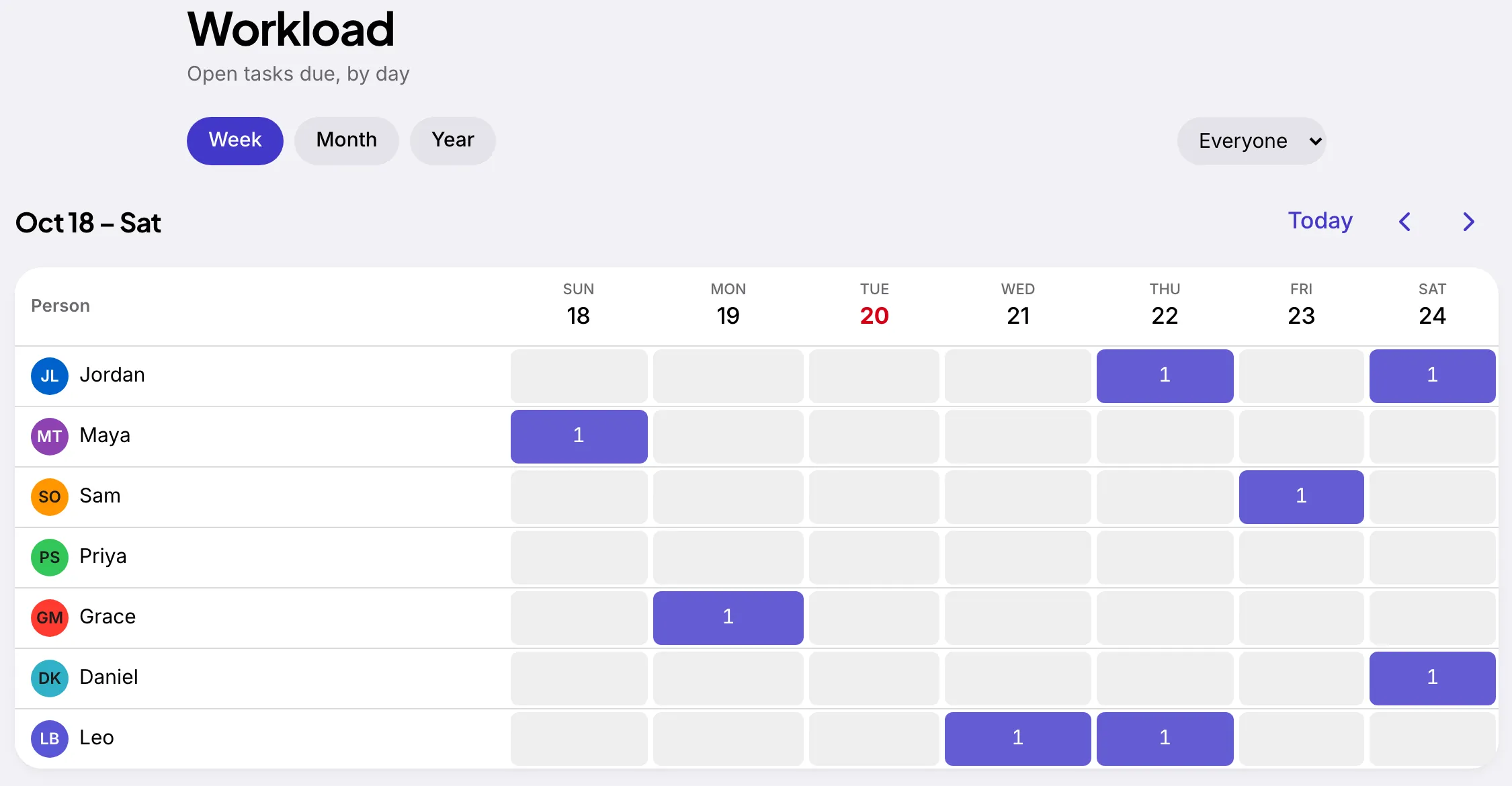 Tallywo's Workload grid on the web: one row per person (Jordan, Maya, Sam, Priya, Grace, Daniel, Leo) with the tasks each has due by day; Leo has tasks due two days in a row.